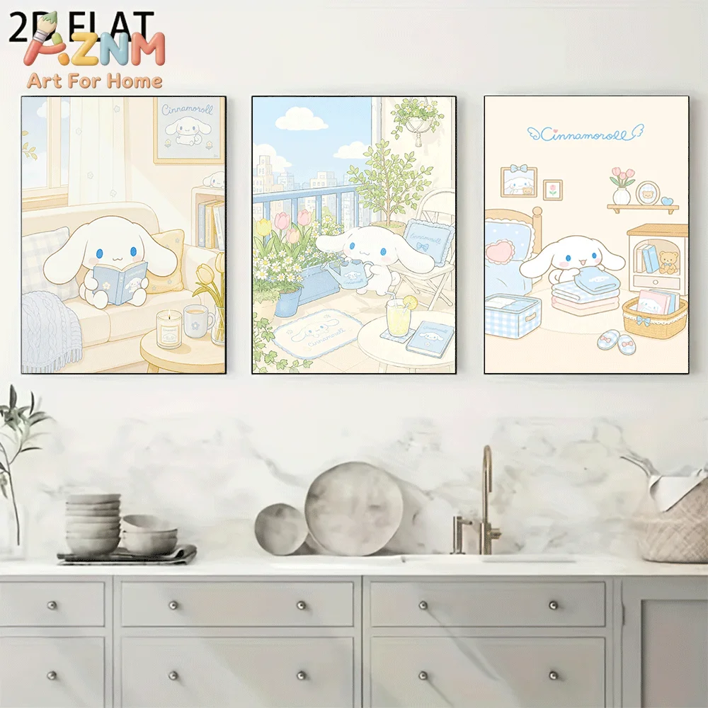 AZNM Cinnamoroll Canvas Wall Art Unframed Cute Cartoon Print Poster Cozy Indoor Reading Gardening Room Scene Kawaii Design for G