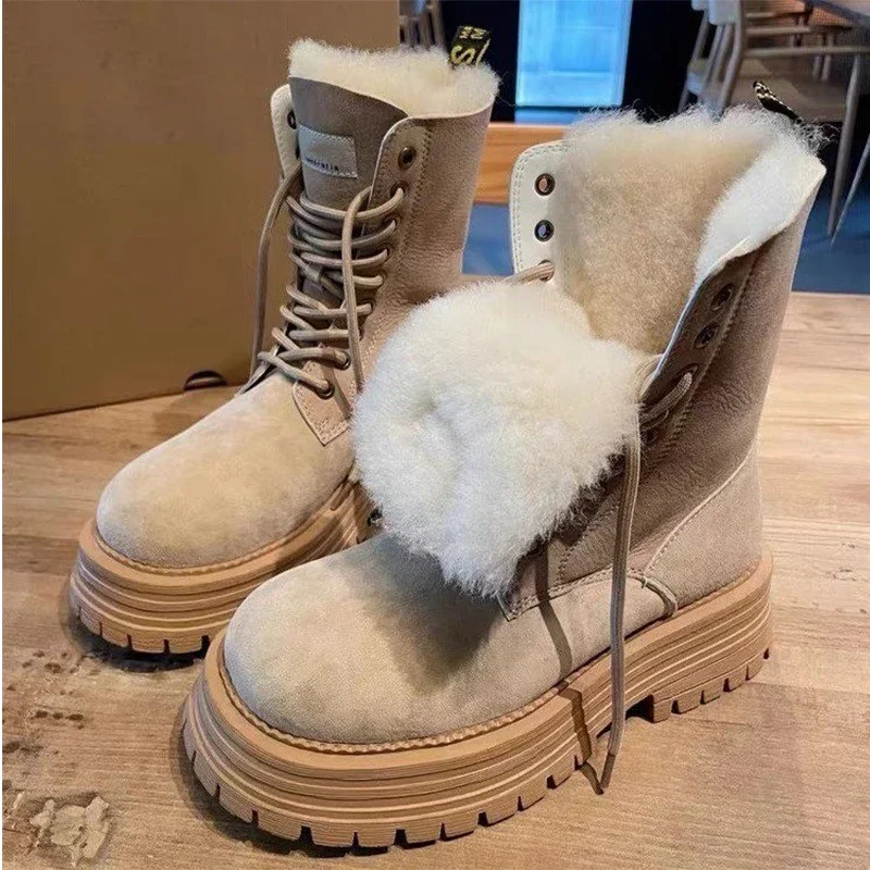 Fur Platform Snow Ankle Boots Flats Sneakers Warm Shoes 2025 Winter New Fashion Lace Up Suede Short Plush Walking Botas Mujer