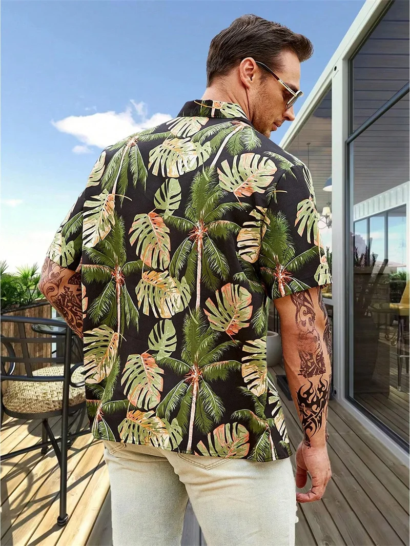 2023 Cuban collar Hawaiian shirts Men's summer plant print shirt Men's loose beach tops Outdoor social street men's clothing