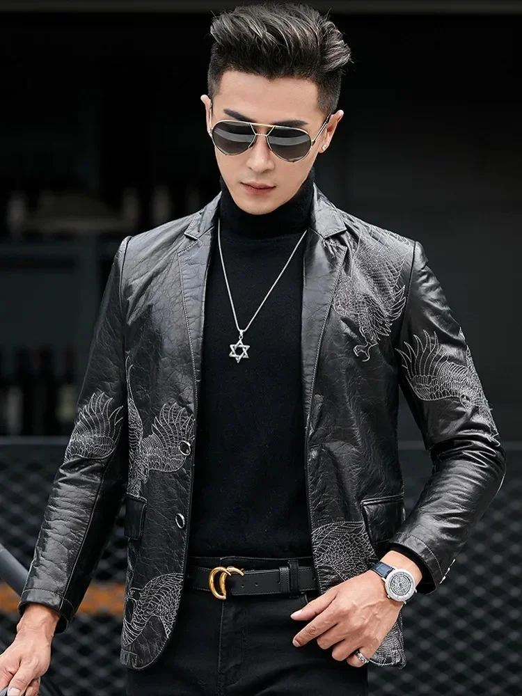 Men Business Fashion Eagle Embroidery Blazer Slim Fit Work Suit Coat Spring Autumn Natural Cowhide Genuine Leather Jacket