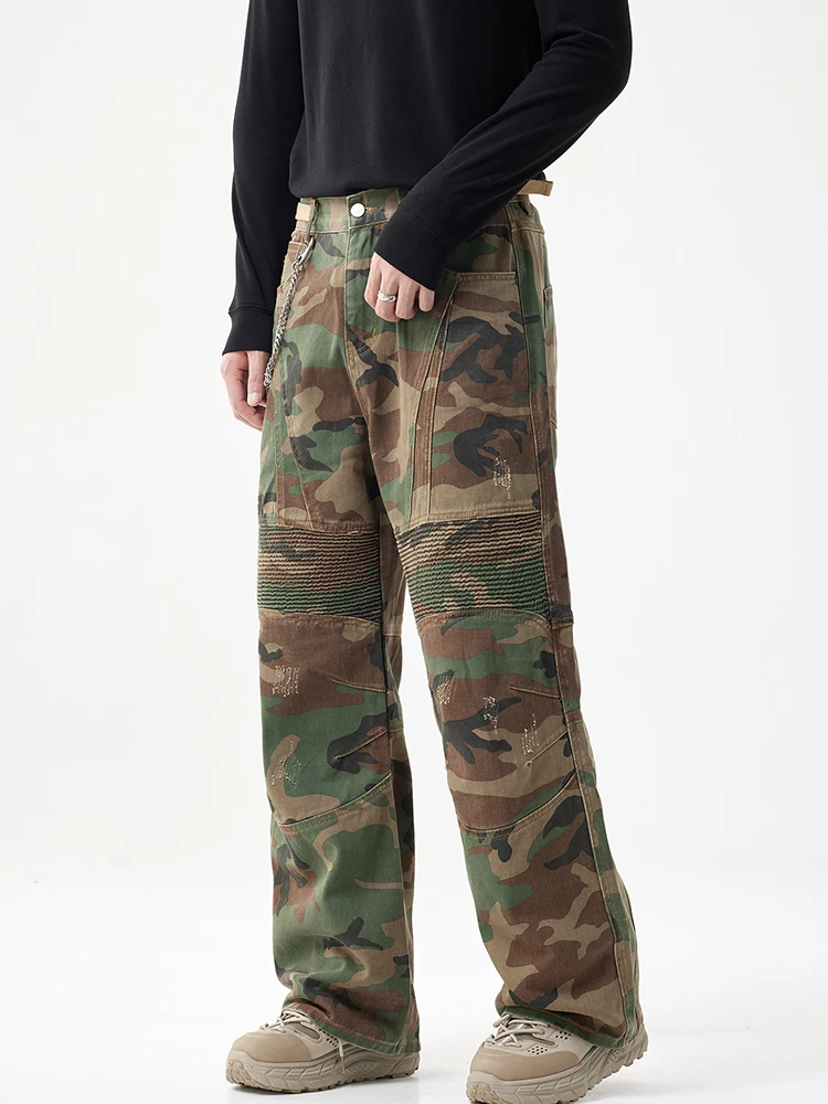 

Мужские рабочие брюки American Sle в стиле ретро, камуфляжные, из чистого хлопка, свободного прямого кроя, с эффектом драпировки, модные джинсы в мотоциклетном стиле