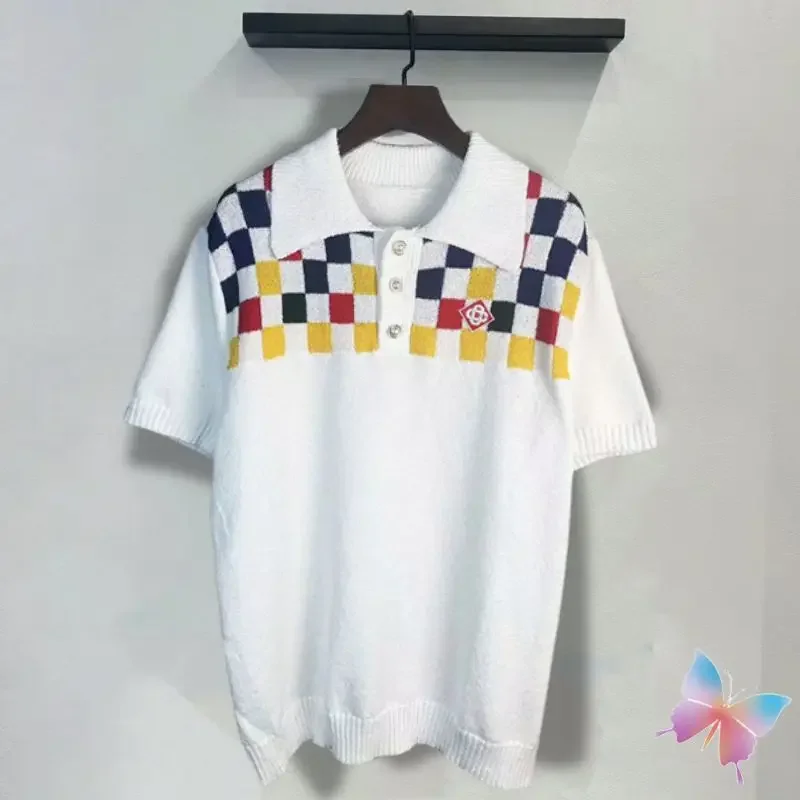 

Street Colorful Checkered Lapel Short Sleeved 2XL Polo Shirts Embroidered Logo Pearl Half Open Buckle Knitted Tshirts Men Women