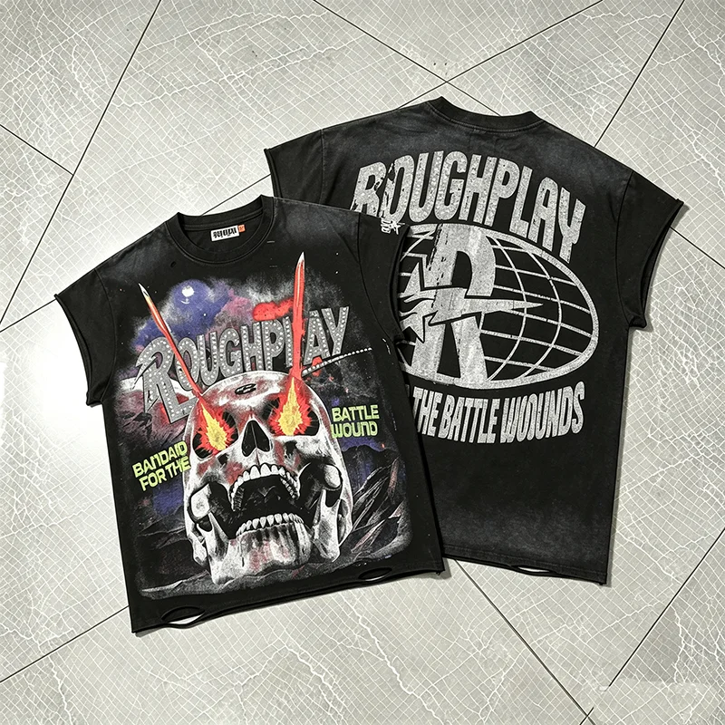New Rough Play Men's T-Shirt Retro Washed Outdated Camry Shoulder Meteor Eye Skull Printed Hairless Sleeveless Cut Sleeve Top