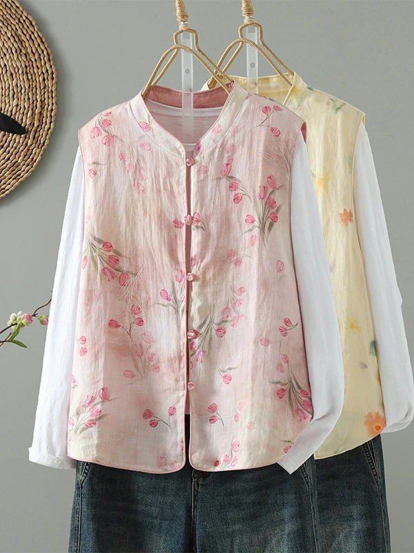 

Casual Printed Vest Outerwear Large Size Women's Embroidered Buttonless Sleeveless Stand Collar Leisure Shoulder Pad Vest Autumn