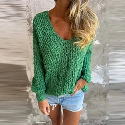 Sexy V-neck Jacquard Crochet Sweater Vintage Solid Color Long Sleeved Women's Pullover New Autumn Casual Commuting Sweater Tops