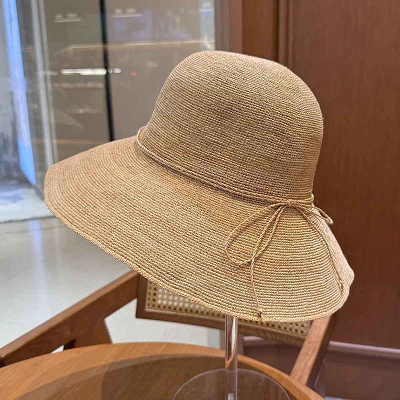 elegant-straw-hat-outdoor-sunshade-fisherman-cap-beach-vacation-simple-beach-hat-foldable-wide-brim-round-top-for-women