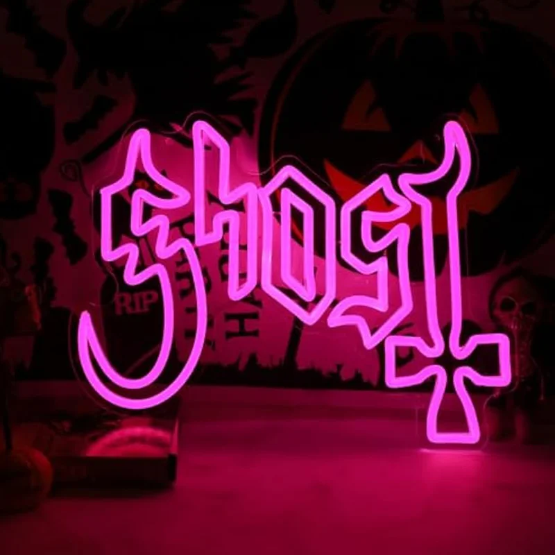 

Ghost The Band Neon Sign for Wall Art Decor 5/12V USB Power with Dimmable Switch Merchandise Pink Halloween Decor Fan Gift