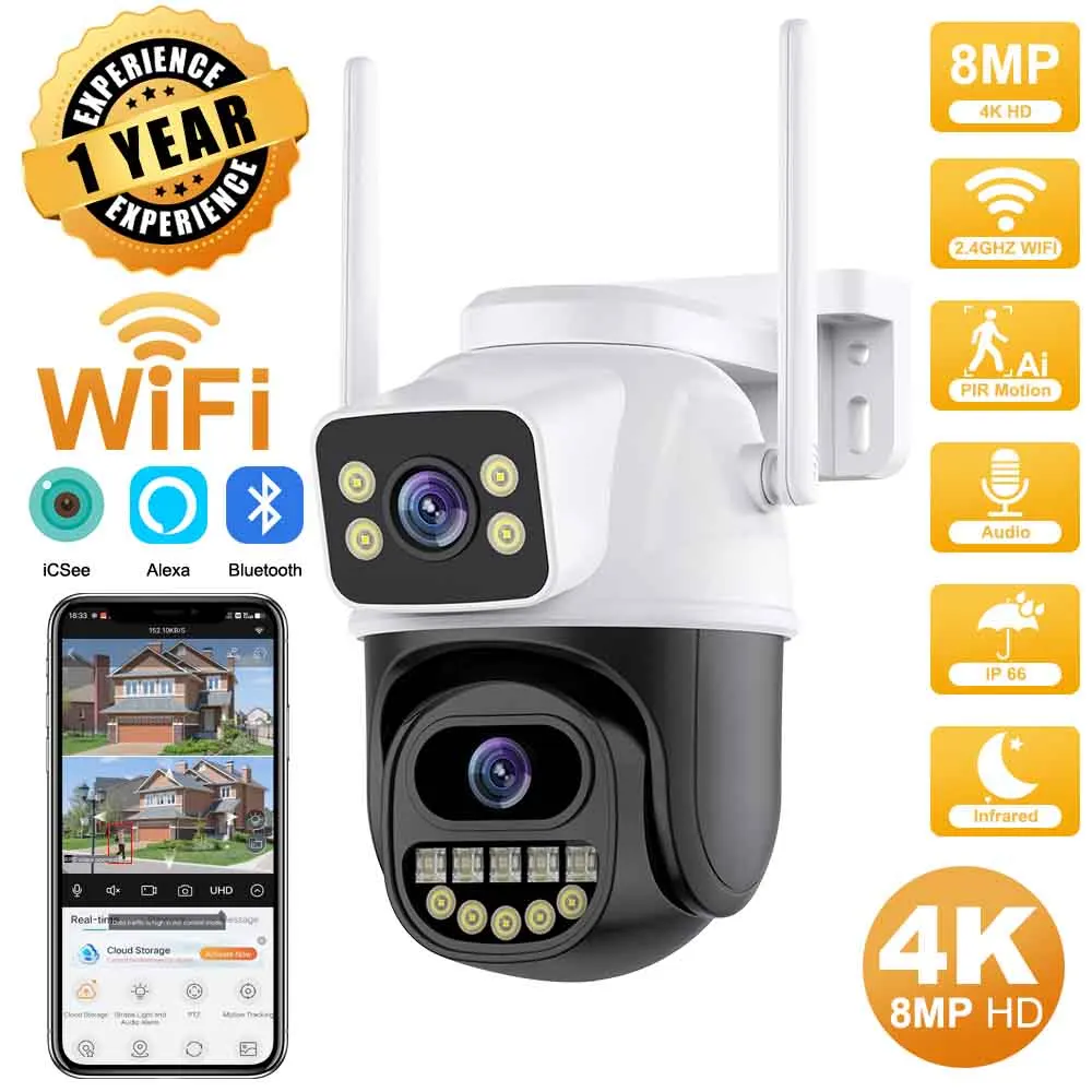 camera ip de lente dupla ao ar livre com tela dupla rastreamento automatico protecao de seguranca vigilancia cctv 4k 8mp ptz wifi hd icsee 01