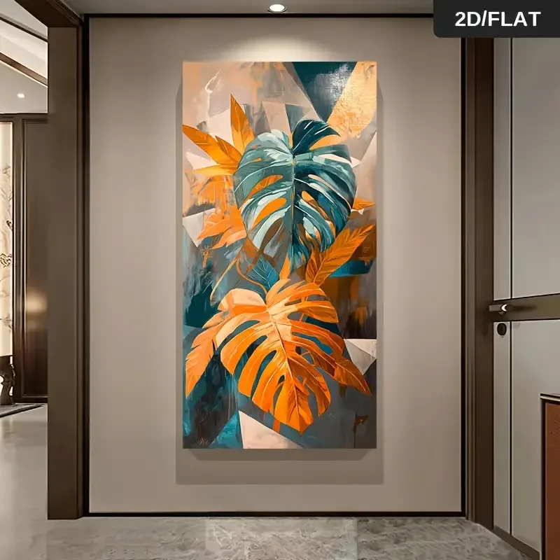 1 قطعة 27.56x55.12 بوصة بدون إطار حديث تجريدي قماش جدار الفن-لوحة أوراق النخيل الأزرق والبرتقالي النابضة بالحياة ، معاصر كبير