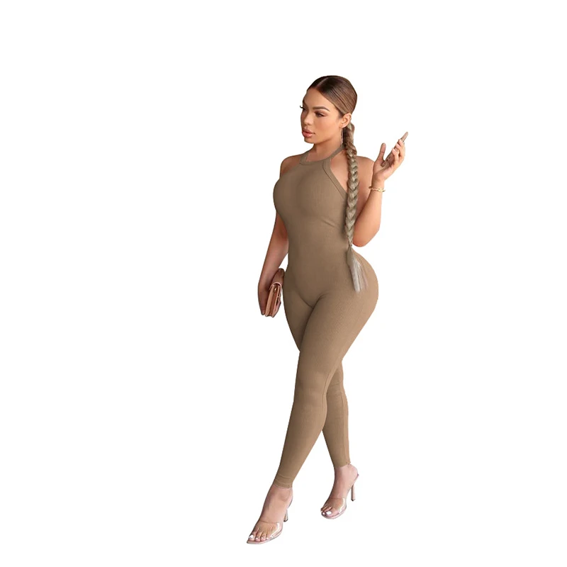 Sexy Halter Elastic Sleeveless Backless Fitness Jumpsuit Women Solid Color Skinny Casual Sportwear Jogging Suit Streetwear