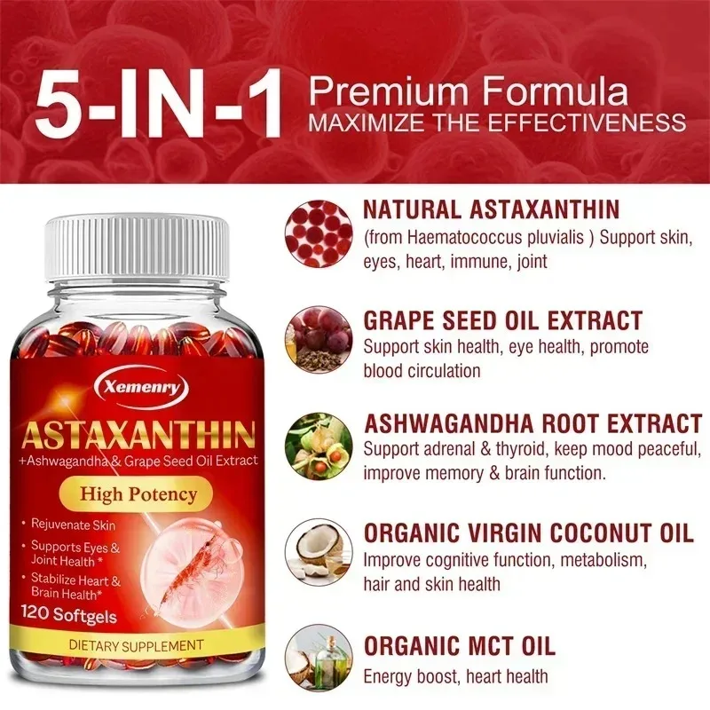

Astaxanthin Softgels - Improve Blood Circulation, Increase Energy, Antioxidant, Support Eye, Skin, Joint & Immune System Health