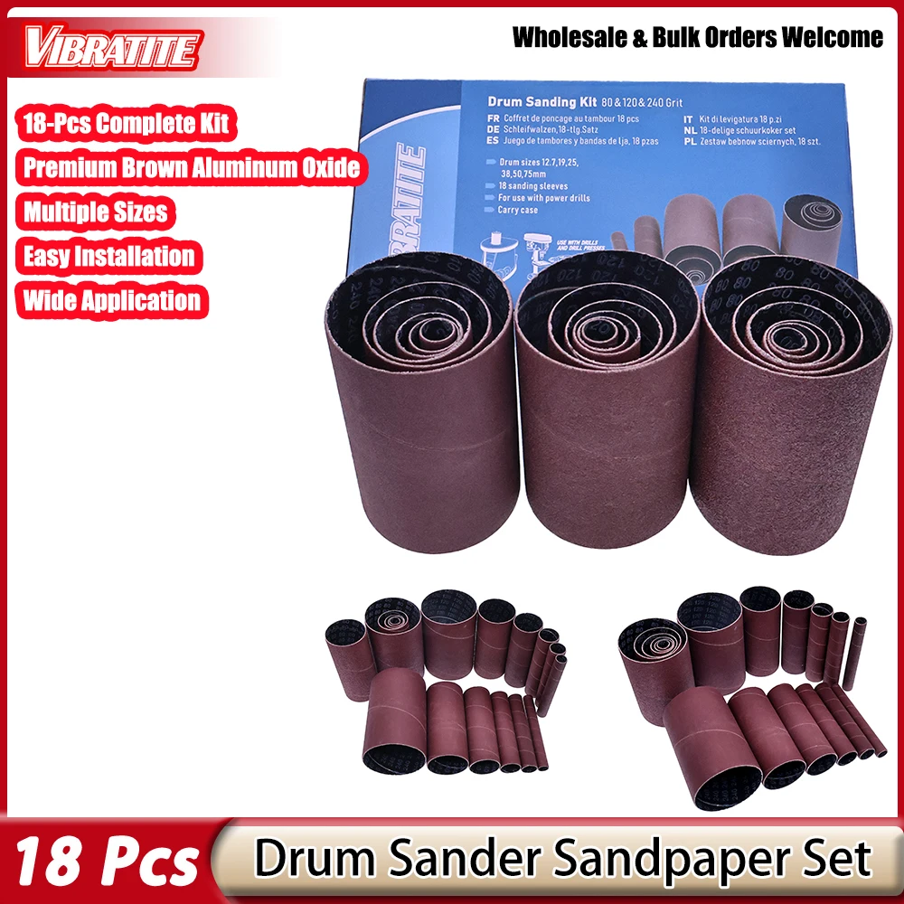 18Pcs Drum Sanding Sleeves Kit 80/120/240Grit Aluminum Oxide Sandpaper Drum Sleeve for Drill Press Wood Metal Polishing