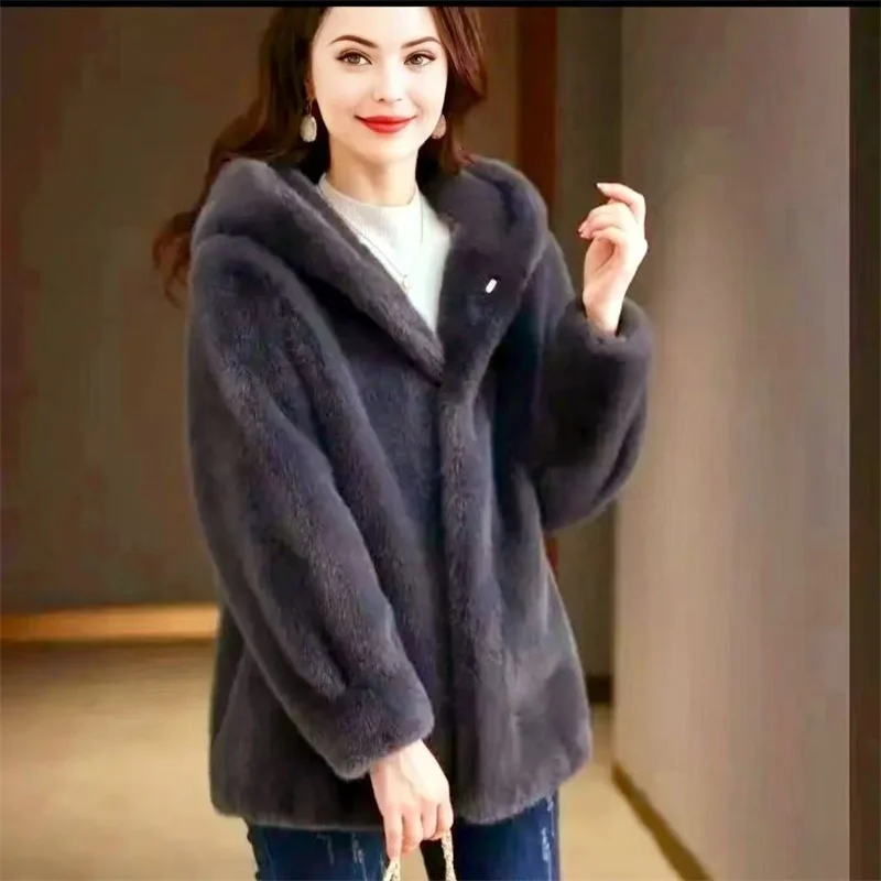 2026 Fashion New Imitation Mink Fur Coat For Women Warm Hooded Overcoat Young Style Fur Coats Female Artificial Outerwear