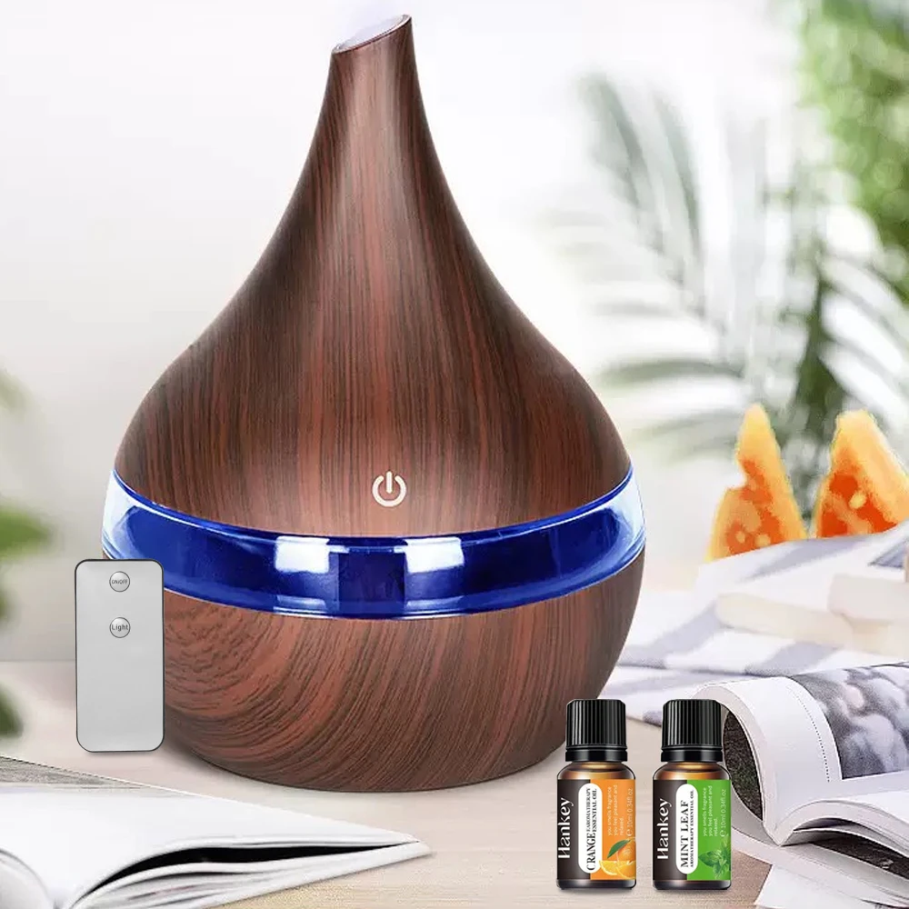 

300ml Cool Mist Humidifier Dark Wood Grain Color Changing Lights Essential Oil Diffuser with Remote Control & 2 Bottles Oils