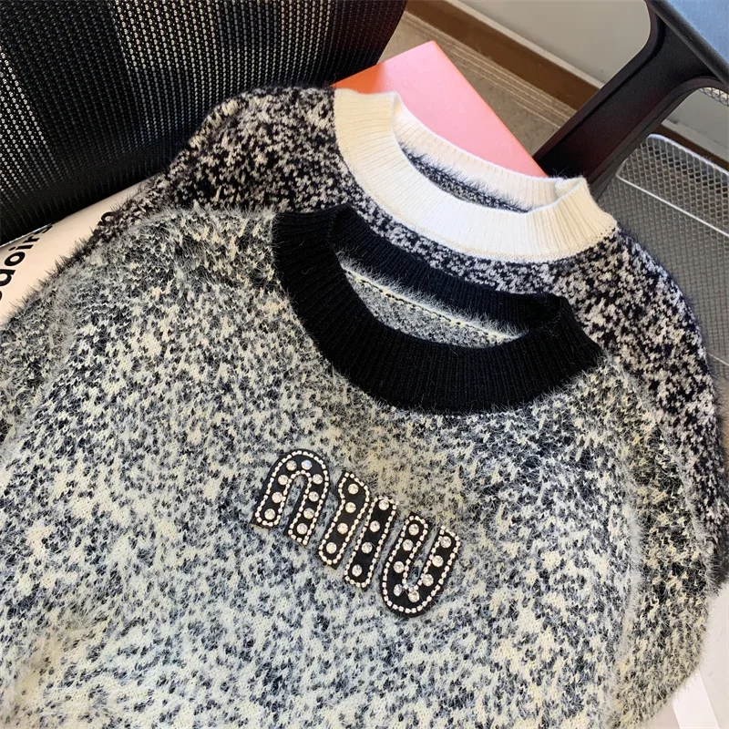 Letter Diamonds Knitted Sweater Women Loose Casual Long Sleeve Korean Fashion New In Clothes Traf Tops Pulls Femme Autumn Winter