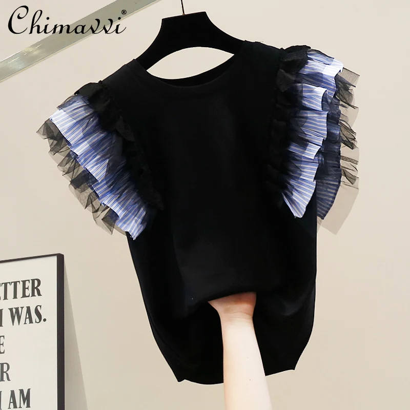 

Fashion Heavy Embroidery Flower Decoration Round Neck Flying Sleeve Vest Summer New Design Temperament Loose Versatile Tops