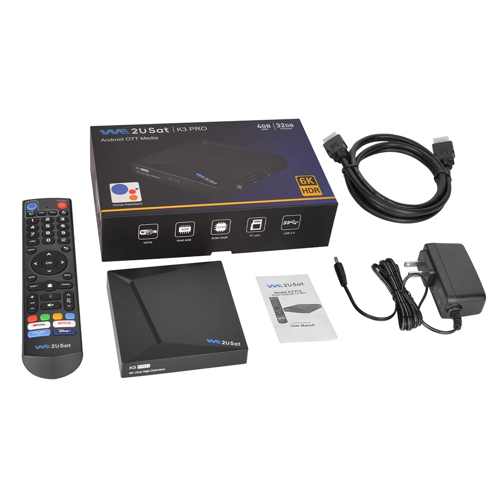 We2uSat K3 프로 6K HDR 안드로이드 Q (10.0) TV 박스, H.264/H.265 10 비트, WiFi-6 내장 2.4GHz, 5GHz + BT 5.0, 4 + 32GB, 미국용