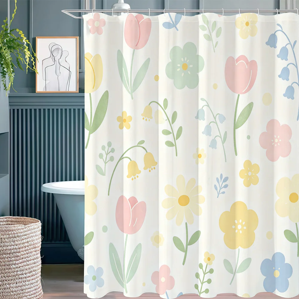 Pastel Spring Flower Shower Curtain, Cute Tulip & Daisy Print Waterproof Bathroom Decor, Fresh Floral Home Bath Screen