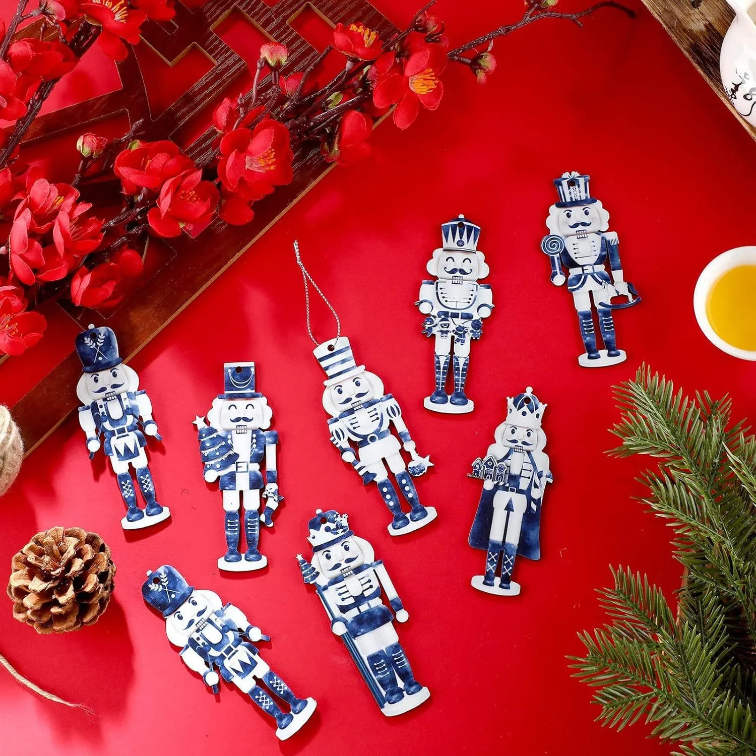 

16pcs Blue White Wooden Christmas Cat Ornaments Nutcracker Teapot Christmas Decorations Christmas Tree Ornament Accessories