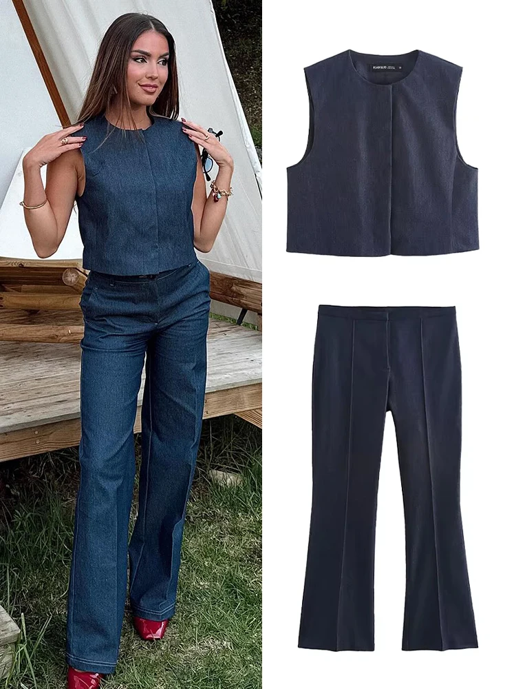 

TRAFZA Female Fashion Set Navy Blue O-Neck Sleeveless Single Breasted Waistcoats+Mid-Waist Zipper Pants Autumn Suit Woman Trendy