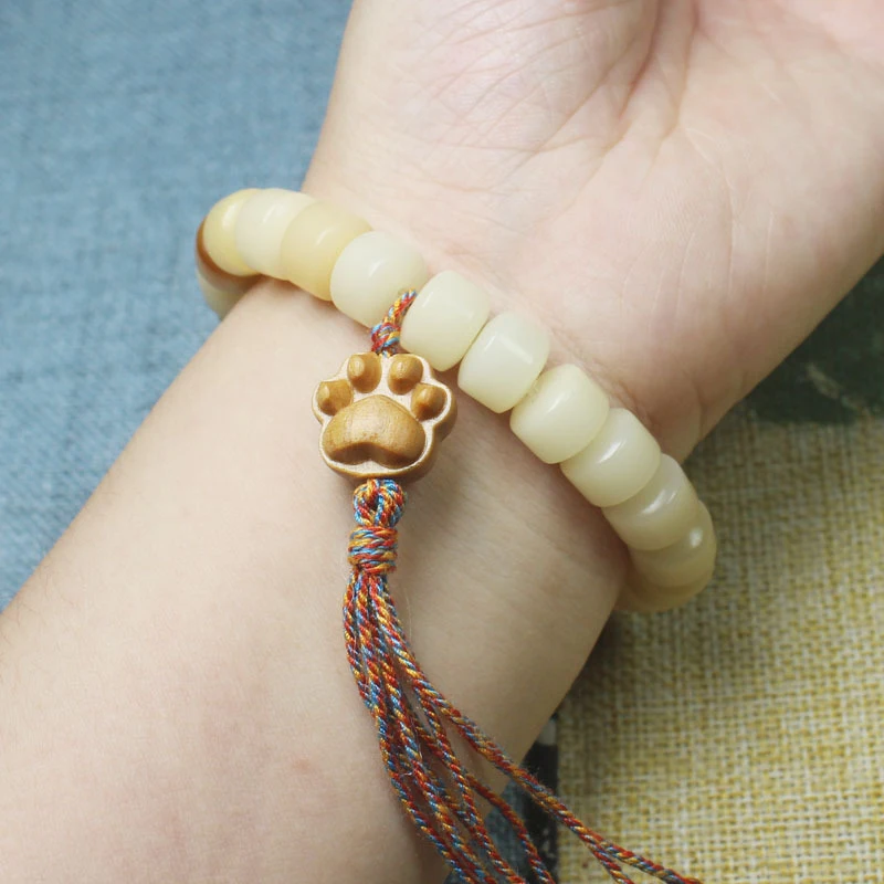 Weathered Bodhi Root Barrel Bead DIY Cat Claw Tassel Bracelet, Unisex Cultural and Collectible Prayer Beads 5
