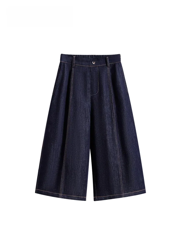 

High Waist A-Line Denim Capri Pants Women Summer New plus Size Fashion Meat Concealing Pants Casual Style Wide Leg Cotton Pol...
