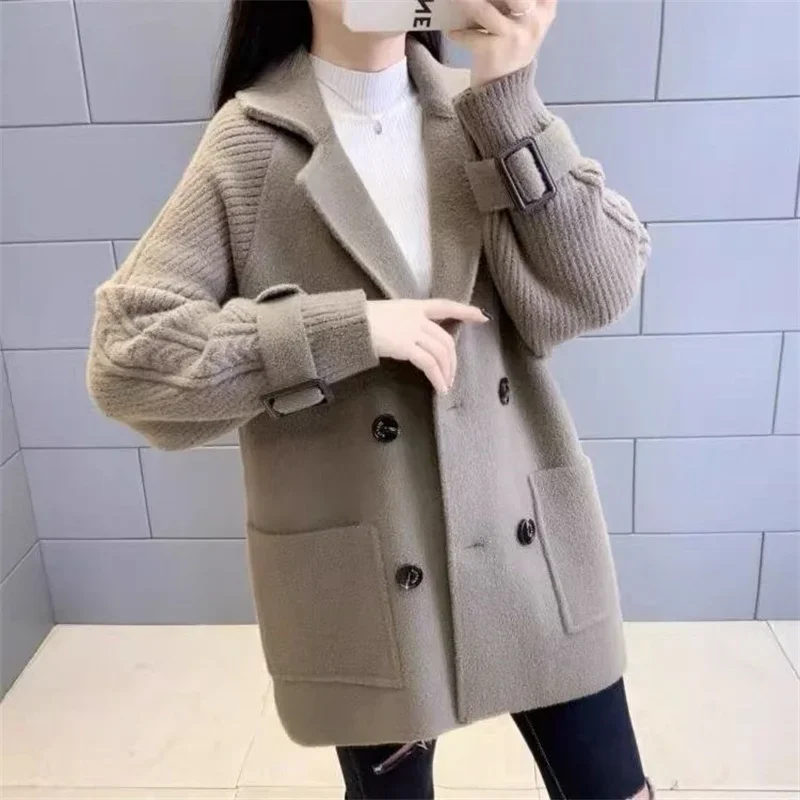 

Осень-зима, новая двусторонняя шерстяная куртка средней длины, свободное вязаное универсальное модное женское шерстяное пальто