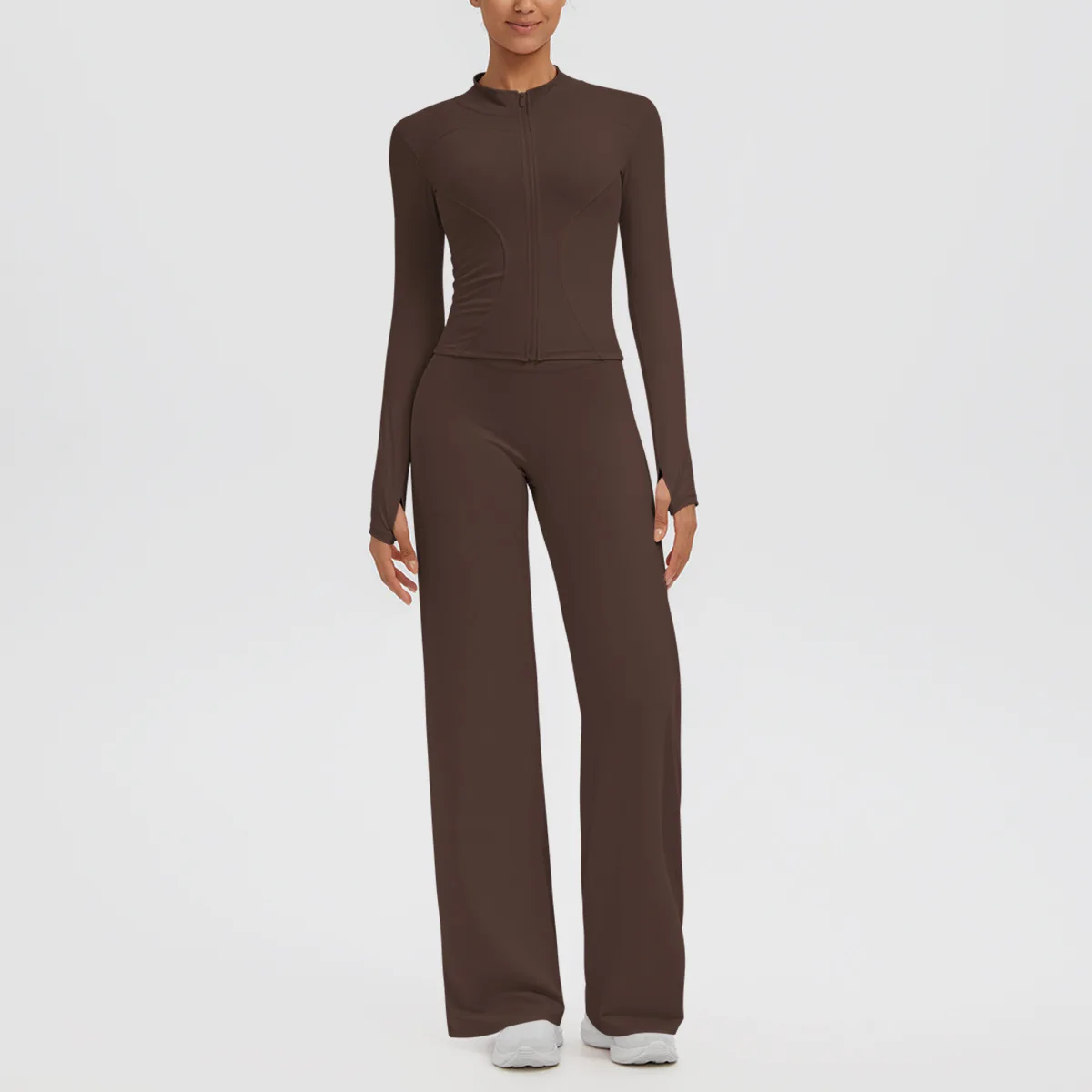 Women 2 PCS Yoga Outfit Zip Long Sleeve Workout Jacket High Waist Wide Leg Pants Athletic Tracksuit Fitness Activewear Sets