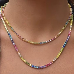 High Quality Rainbow Full 4mm Cz Paved Tennis Chain Choker Necklaces For Women Charm Gold Color Hip Hop Fashion Wedding Jewelry