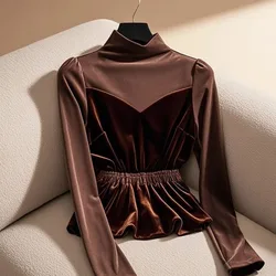 Clothes for Women Autumn Winter Vintage Gold Velvet High Collar Basic T Shirt Office Lady Elegant Long Sleeve Slim Pullover Tops