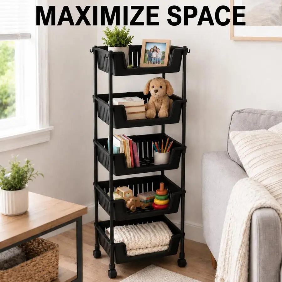 5-Tier Rolling Storage Cart, Space-Saving Multi-Layer Organizer With Durable Plastic Construction, Mobile Storage Rack For Kitch
