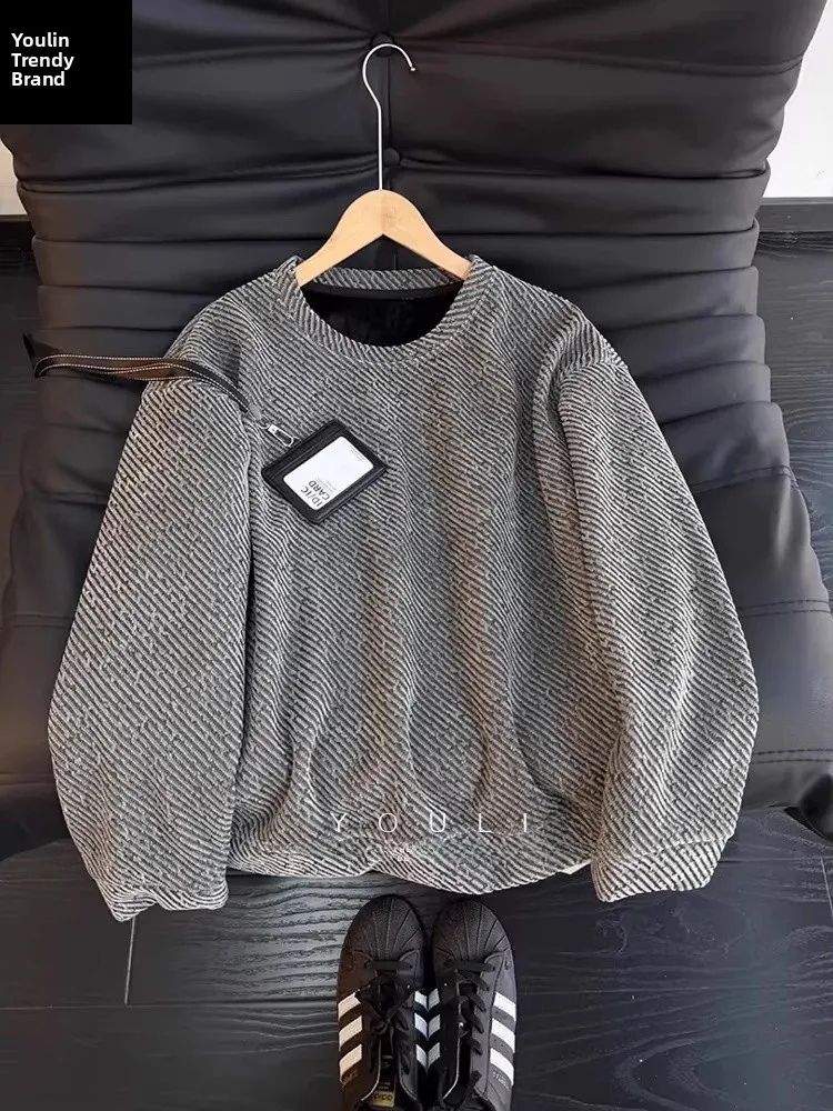 

Thiened Fce Lined Knitted Hoodie Men's Winter Long Sve round Ne T-irt Underwear Base irt Youth Casual Cotton Po...