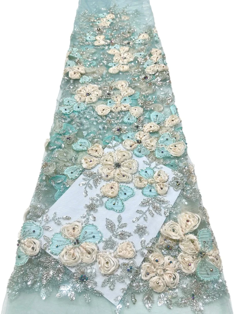 African Beaded Lace Fabric High-Quality Nigerian Tulle Mesh Sequined Lace Fabric Suitable for Sewing Women's Garments