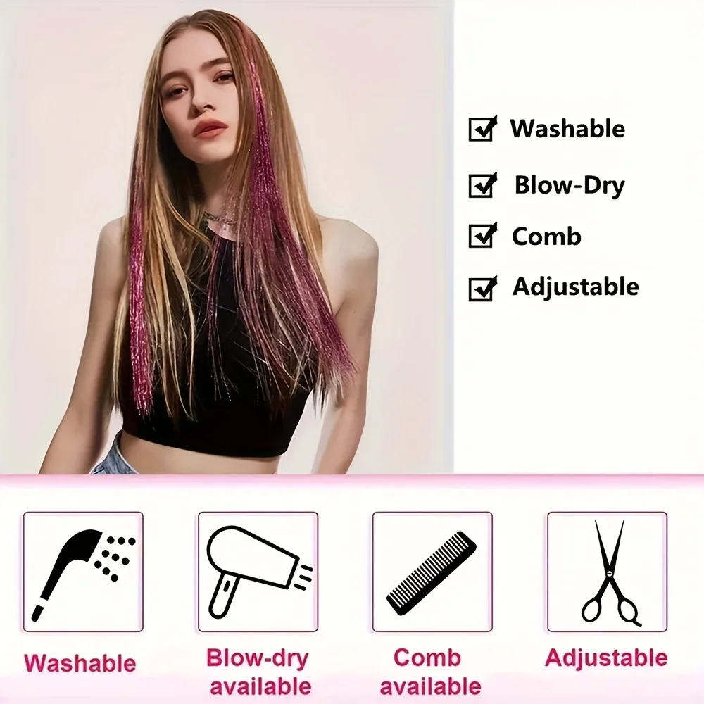 1PC rainbow shining Y2K Long straight hair extension wigs One-piece Clip In extensiones DIY cosplay party women girls Hairpieces