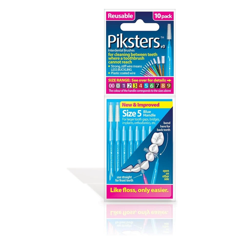 Piksters Interdental Brushes 10 Pack Size 5 Blue Large Regular Toothpicks Plaque Removal Brush Tooth Cleaner Dental Picks Floss