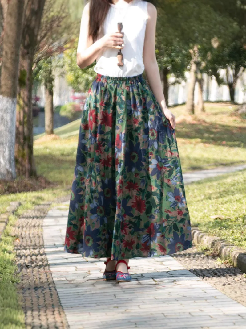 TIYIHAILEY Long Maxi Women Cotton And Linen Print Skirts Big Hem New Fashion A-line Elastic High Waist 2025 New Flowers