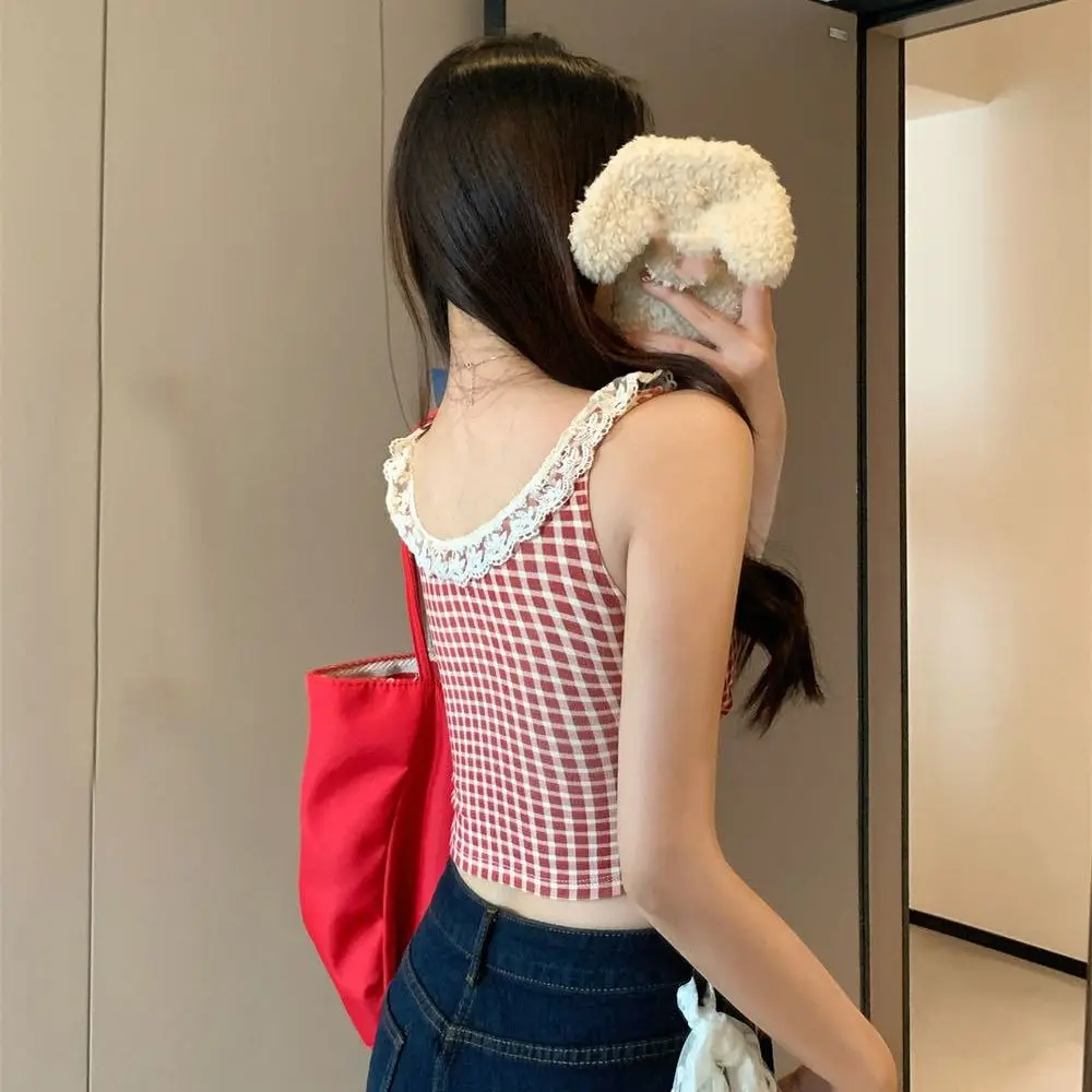 패션 스트라이프 그리드 Y2K 슬림 크롭탑 민소매 U넥 레이스 베스트 탑 소녀 스위트 이너웨어 레이스 리본 캐미솔 여성용