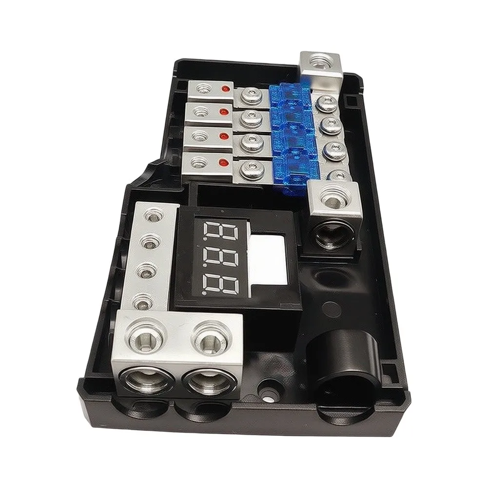 Car Audio 2-In-4-Out Fused Distribution Block with LED Voltage Readout 12V System Ready and Visual Fuse Status