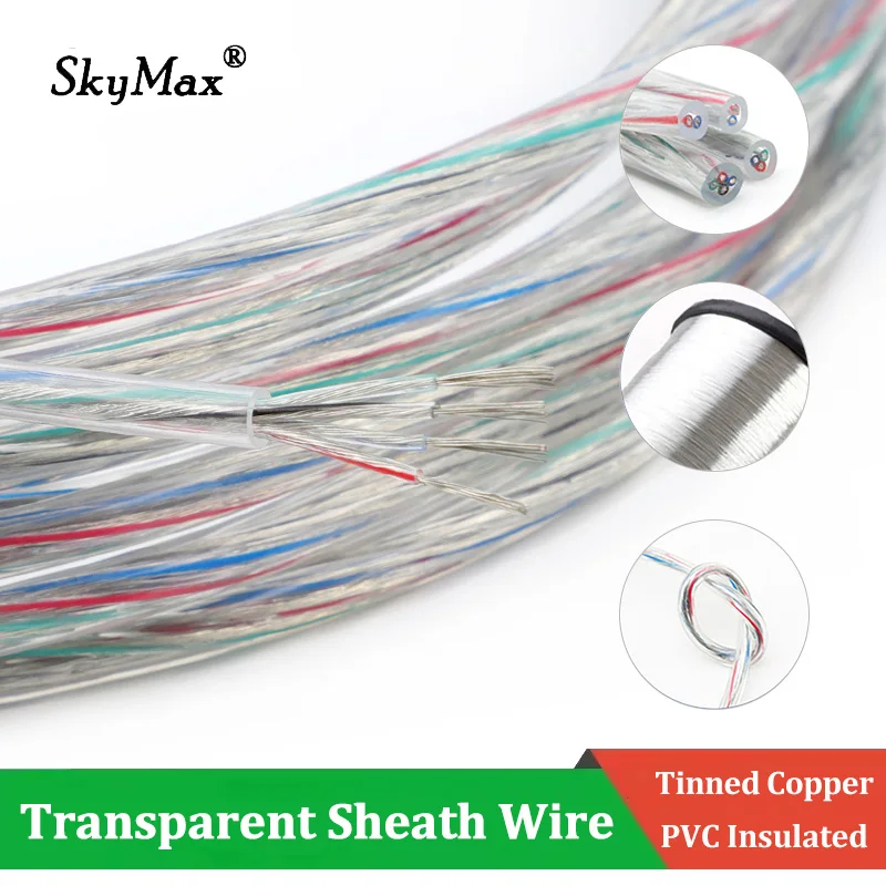 1-50m Transparent Sheath Wires 2/3/4/5 Cores PVC Insulation Tin-plating Copper Cables for DIY LED Light 28/26/24/22/20/18/16AWG