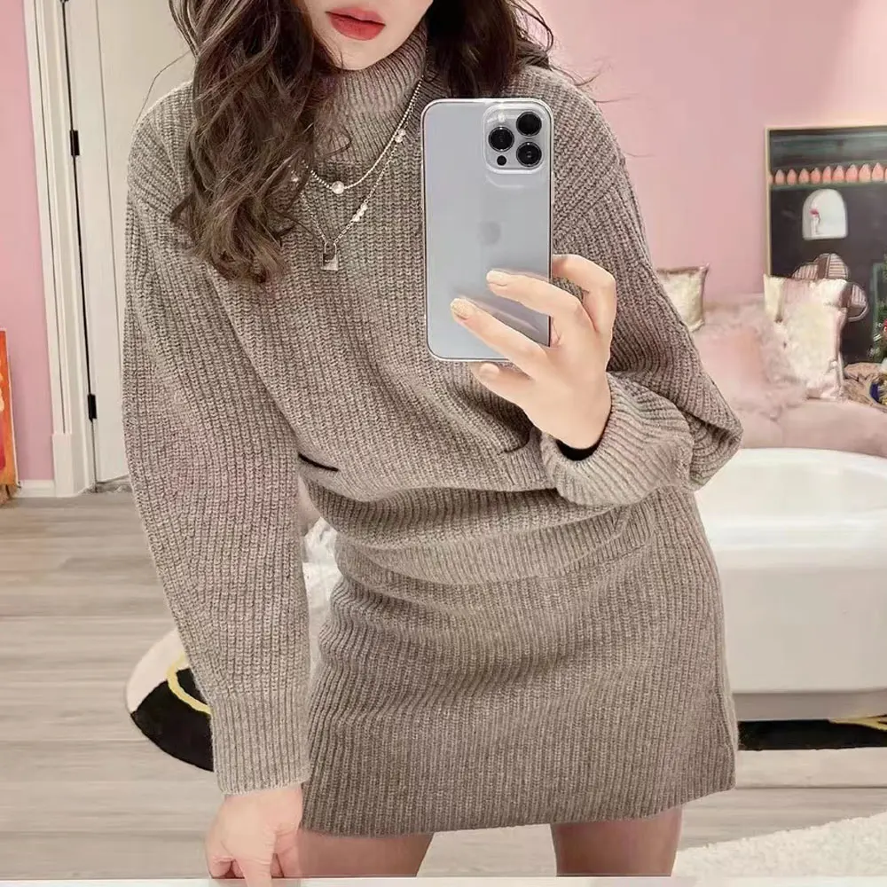 

Cashmere wool blend women knit set simple fashion Turtleneck sweater + knit mini skirt