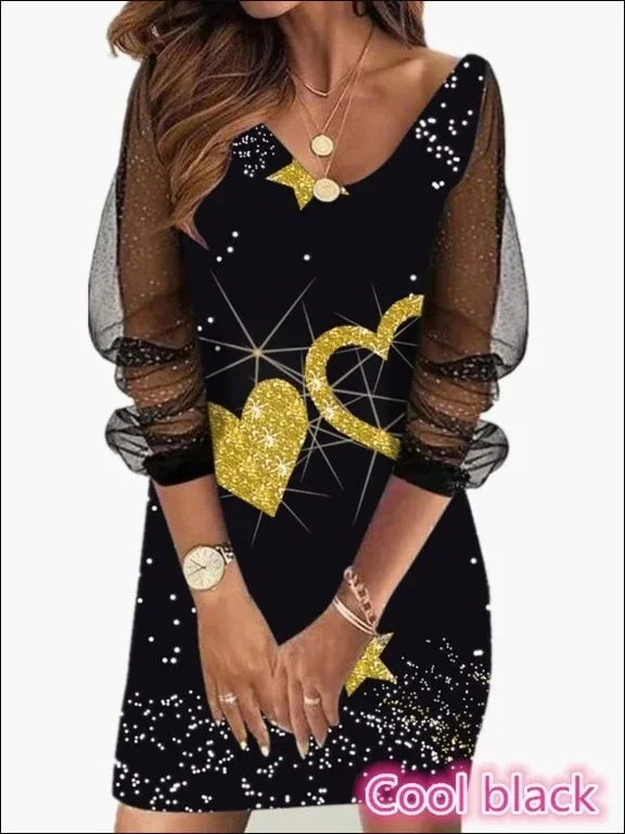 Spring Womens Dress V-neck Heart Print Butterfly Transparent Mesh Femme Long Sleeve Panel Female Dress Fashion Party Dress