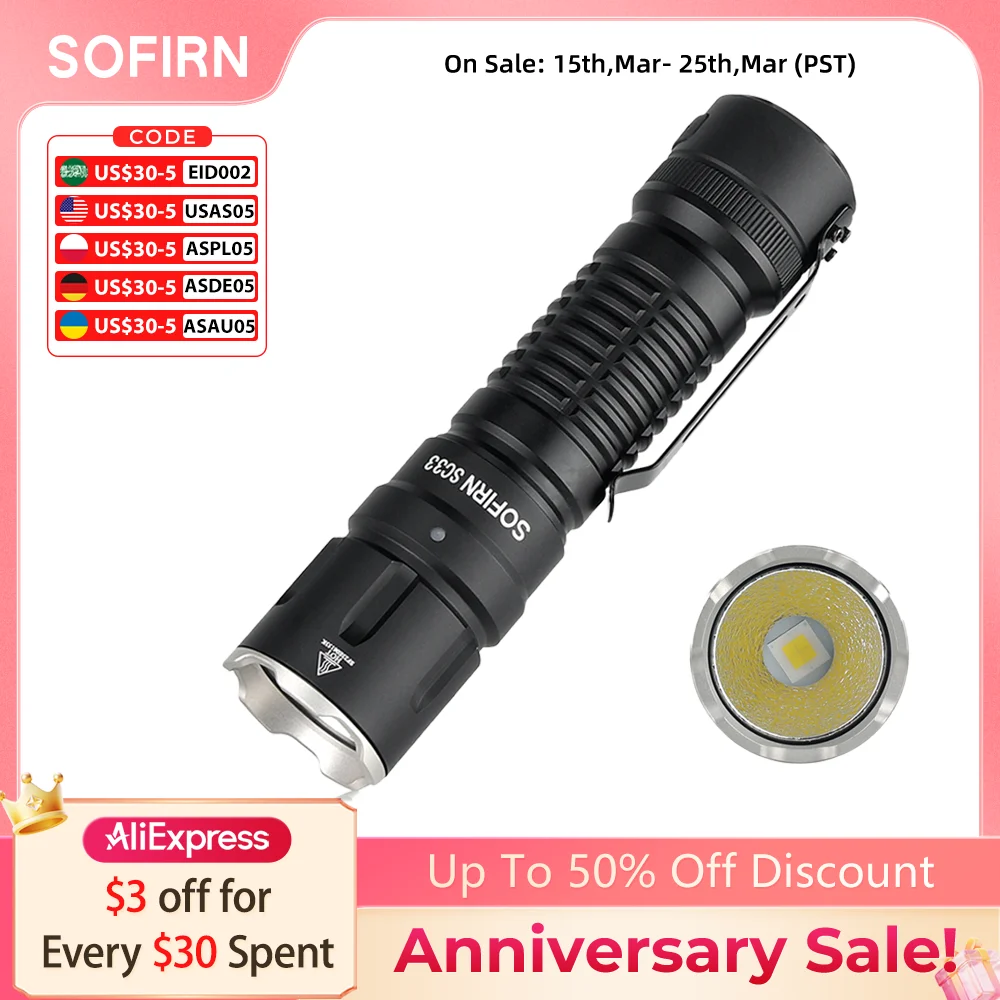 

Sofirn SC33 XHP70.3 HI LED 21700 Rechargeable Tactical Flashlight 5200lm USB C with Tail E-switch Outdoor Light