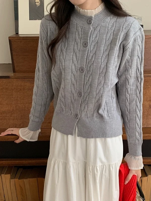 

Korean Style College Wind Short Sleeve Knitted Sweater Cardigan Women's round Neck Twist Cotton Blend Warmth Spring Fashion