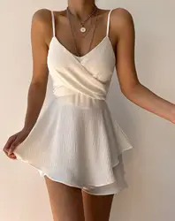 2025 Slim Suspender Strap Sexy Jumpsuits Y2k Ruffles Rompers Summer Casual Threaded Slip Playsuits Female Elegant Skirt Pants
