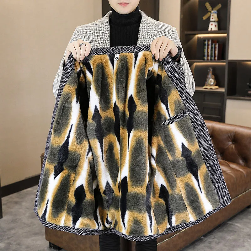 Casual Men's Striped Fleece Thicken Woolen Coat 2026 Winter Outwear Warm Plush Top Overcoat Slim Fit Windbreaker Jacket Clothing