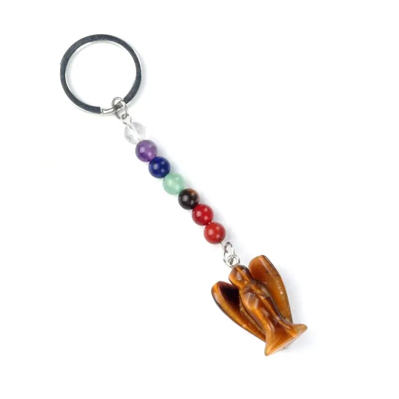 1pc 18x28mm Random Natural Stone Angel Keychain Agate Amethyst Quartz Guardian Angel Seven Chakras Pendant Jewelry Accessories