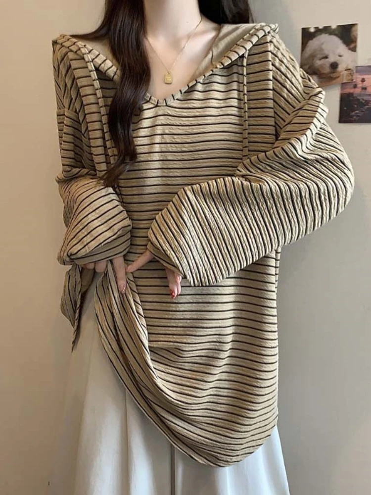 Loose Lazy Style Hoodie Women's Spring Autumn plus Size Fat MM Striped Base Shirt mid Length Butt Covering Top Korean Style C...
