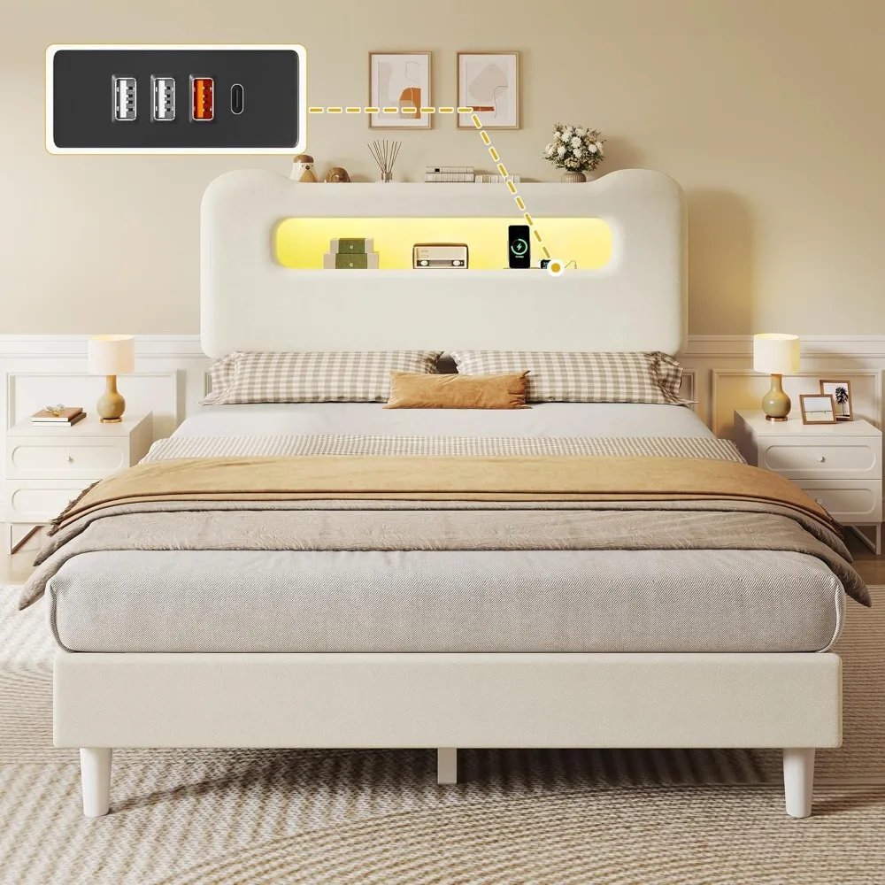 إطار سرير كامل الحجم، سرير منجد بوكل مع لوح رأسي للتخزين، سرير LED مع USB ومنفذ، لا حاجة إلى صندوق زنبركي، كريمي #4