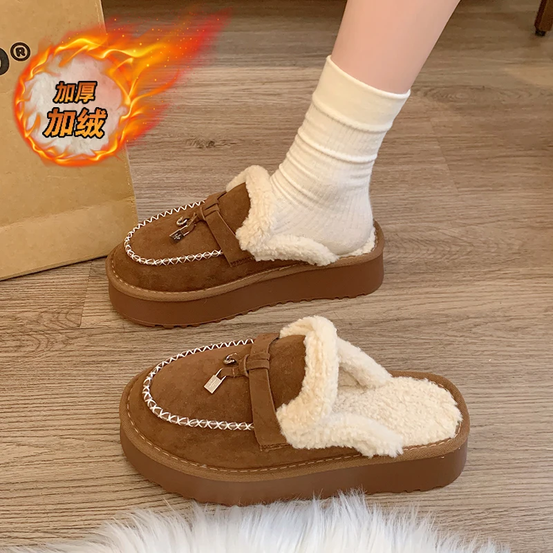 CRLAYDK Winter Fuzzy House Slieds Fur Lined Warm Shoes for Women Platform Indoor Ourdoor Bedroom Suede Soft Comfy Slippers