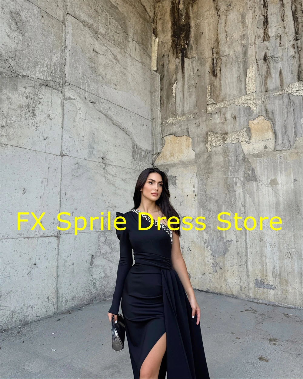 CustomizedCustomized Graceful Black Jersey Evening Dress Forma Boat Neck One Shoulder Long Sleeves Party Dress Modern Celebrity  image 4